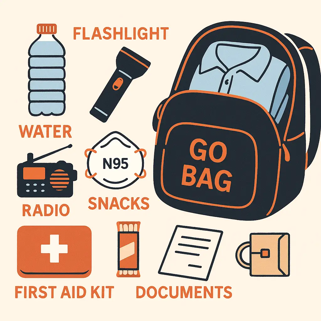 go_bag_contents Flat lay of Go Bag items including flashlight, water, snacks, and emergency supplies.