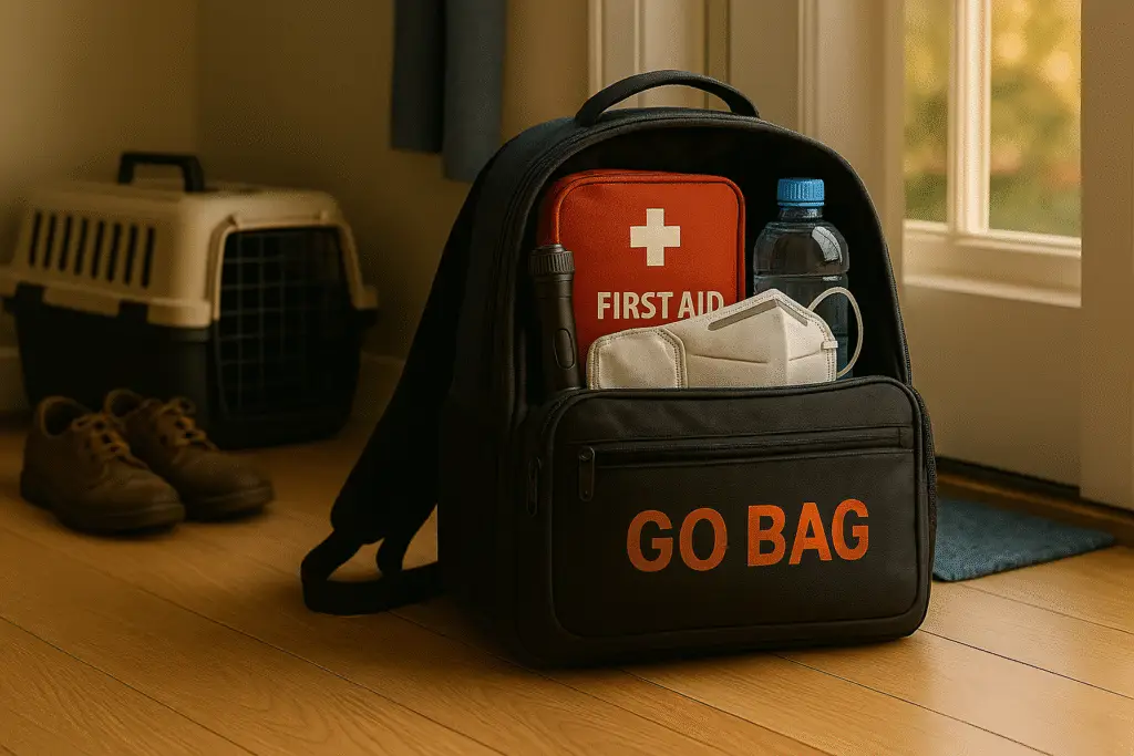 Go Bag packed with emergency supplies sitting by the front door, ready for evacuation.