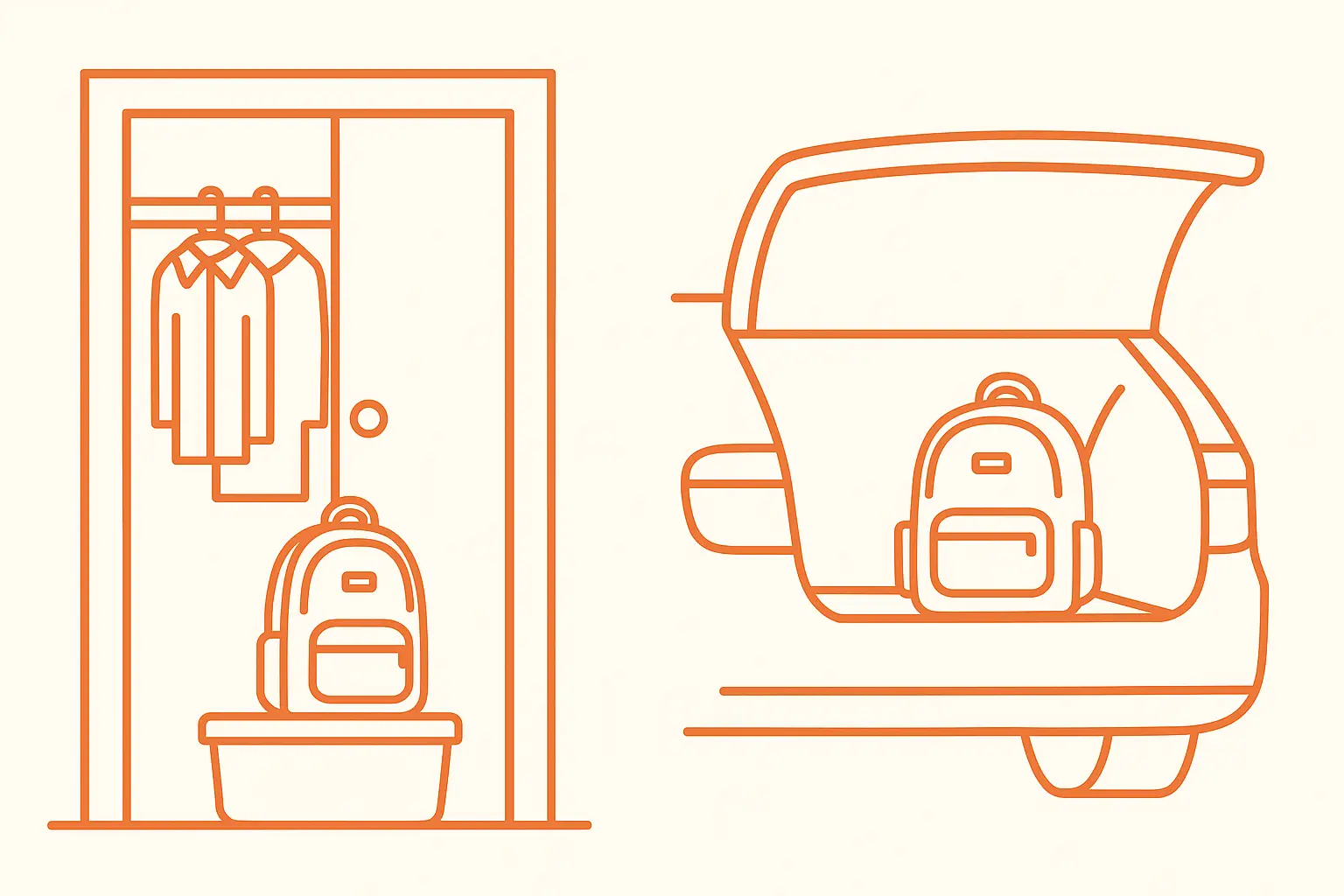 go_bag_storage_locations Illustration of a Go Bag stored in a hallway closet and another in a car trunk.
