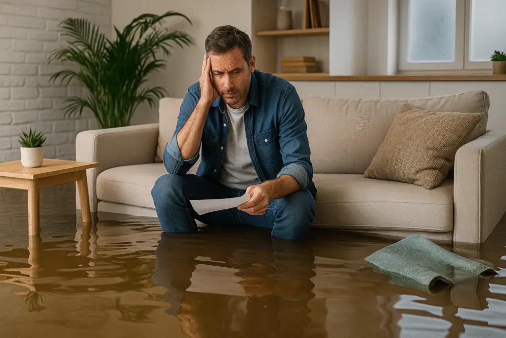 Worried man sitting on a sofa in a flooded living room, holding a document as water covers the floor — illustrating uncovered home insurance damage.