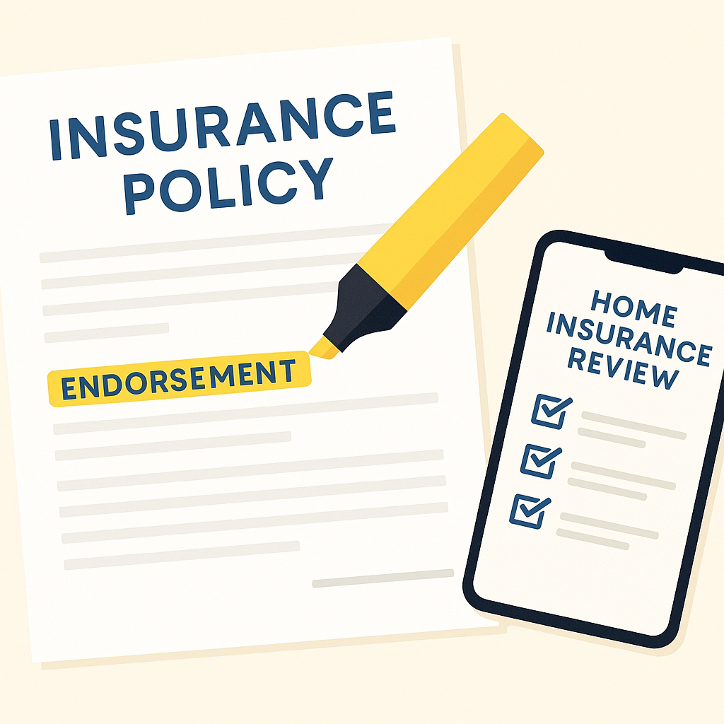 insurance_endorsements Close-up of a homeowner reviewing insurance coverage with highlighted endorsements and checklist.