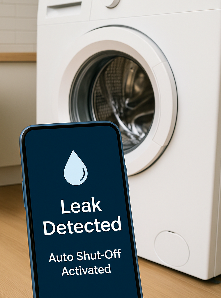 leak_detected Smart water sensor near washing machine with smartphone alert saying ‘Leak Detected – Auto Shut-Off Activated.