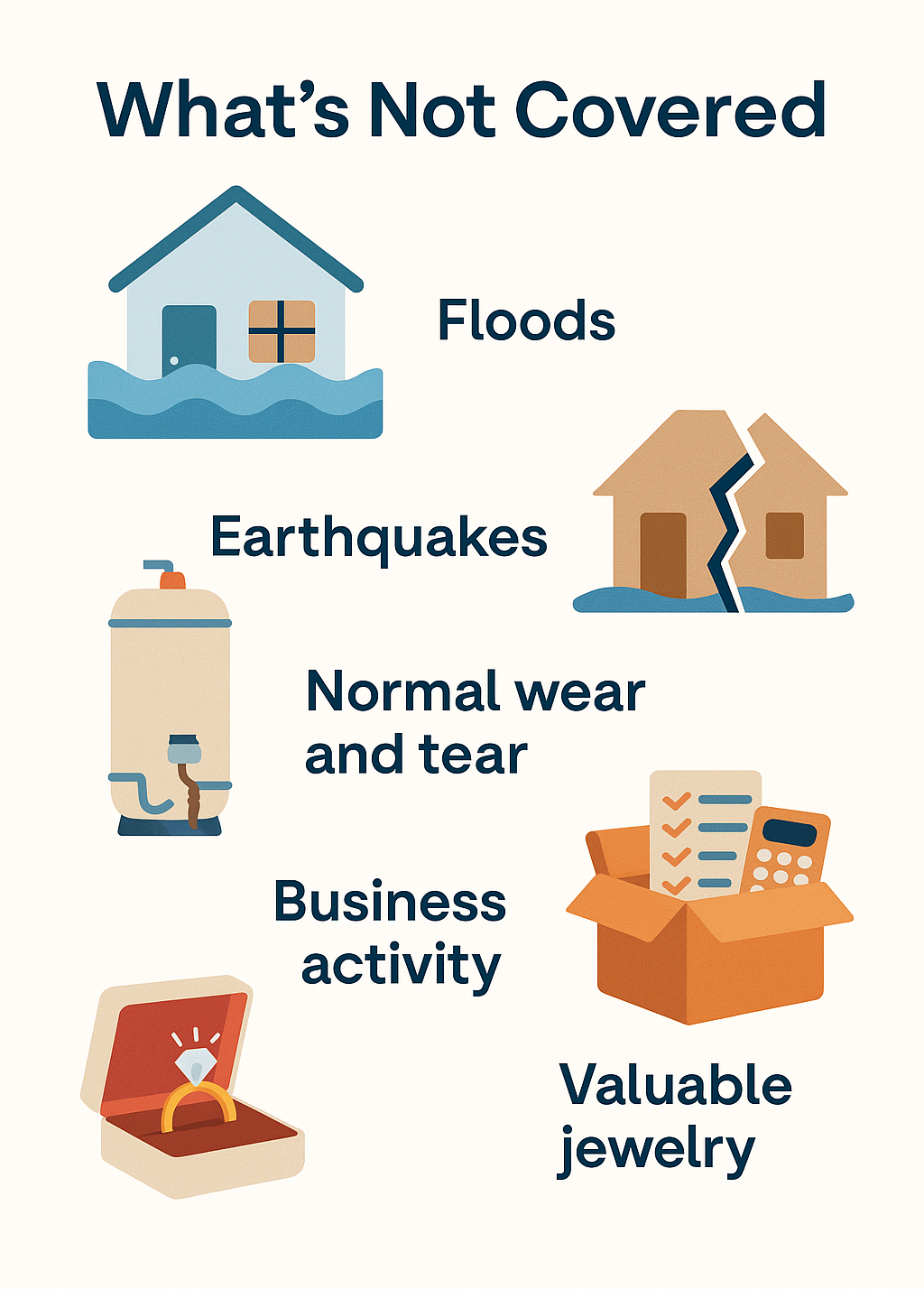 not_covered Illustration showing four common home insurance exclusions: a flooded house, earthquake-damaged foundation, deteriorating roof, and wall with pests.
