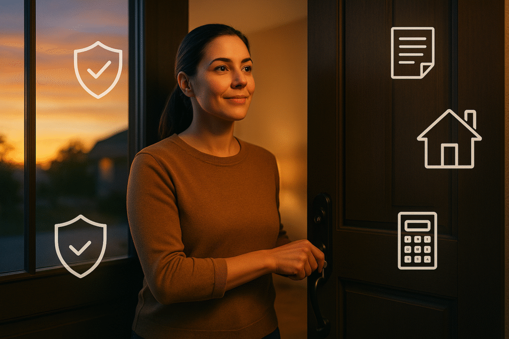 protect_your_home Confident homeowner securing their home, symbolizing smart insurance protection.