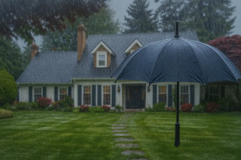 Rainy day view of a classic American home with dormer windows and lush landscaping, symbolizing the need for umbrella insurance coverage.