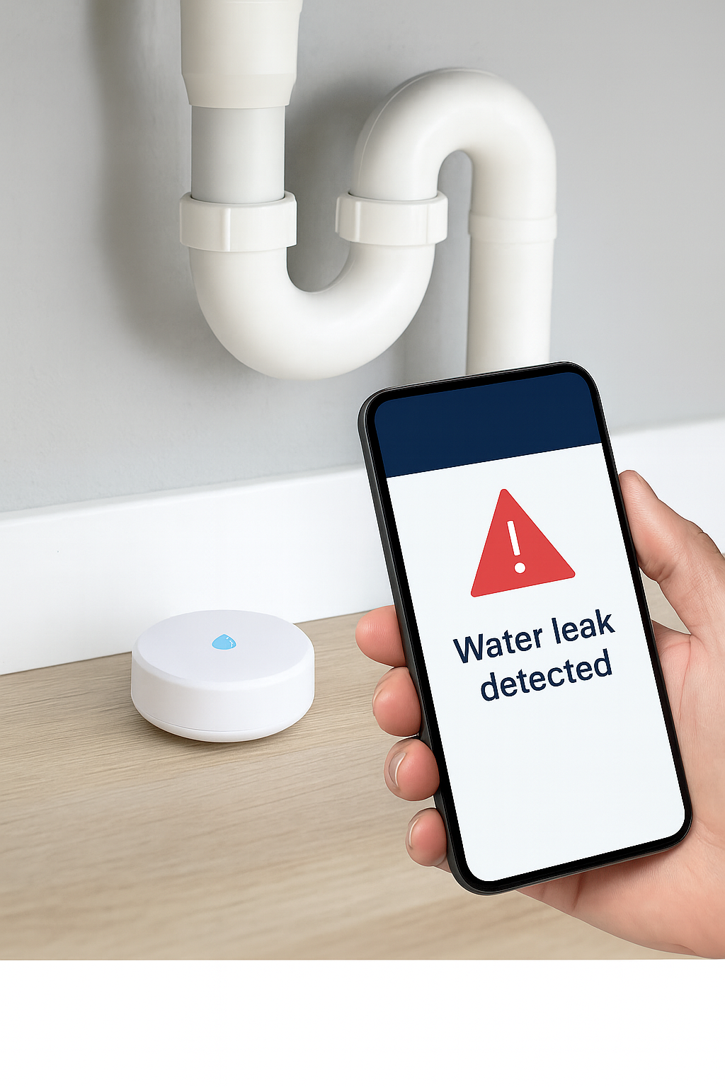 Smart water leak detection device under sink sending alert to homeowner’s phone.