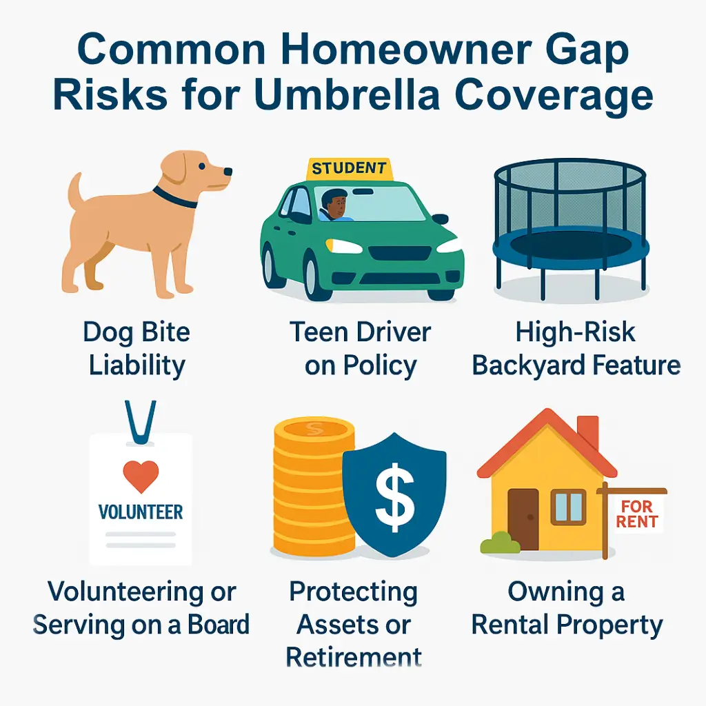 reasons_for_umbrella Visual grid showing homeowner risks that may require umbrella insurance, including dog bite liability, teen drivers, backyard trampolines, volunteering, rental properties, and asset protection.