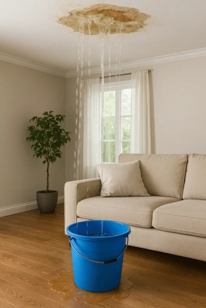 Living room with ceiling water damage and furniture covered during emergency repairs.