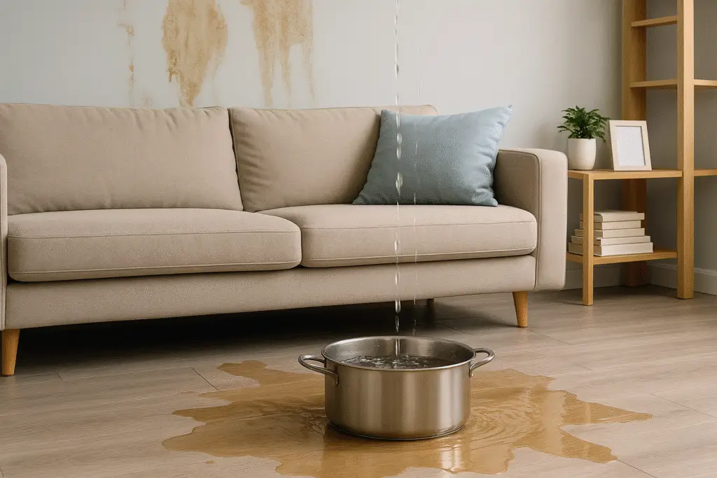 Wide photo of living room with visible ceiling water damage and soaked flooring in a modern home.