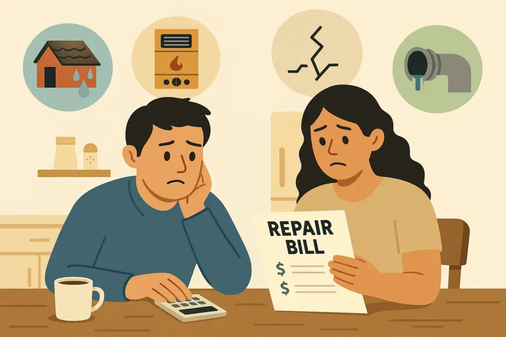 Flat illustration of homeowners reviewing an expensive repair bill with icons of roof, HVAC, plumbing, and foundation repairs.