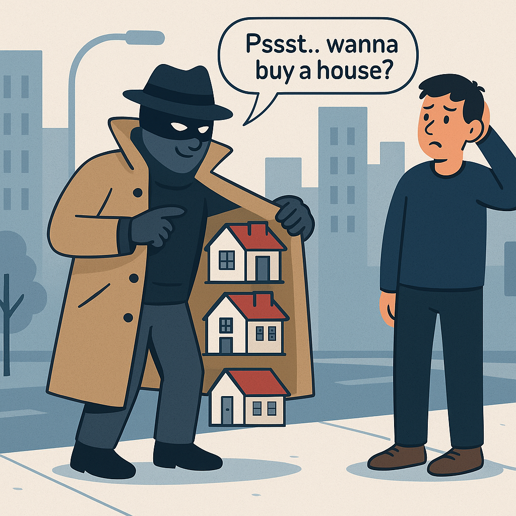 Cartoon criminal in a mask hocking stolen homes on the street, symbolizing how title thieves can illegally rent, refinance, or sell your property.