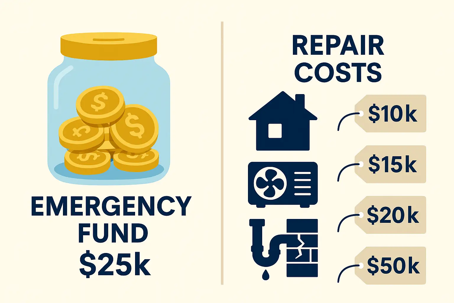 Comparison graphic showing a $25,000 emergency fund against common repair costs for roof, HVAC, plumbing, and foundation.