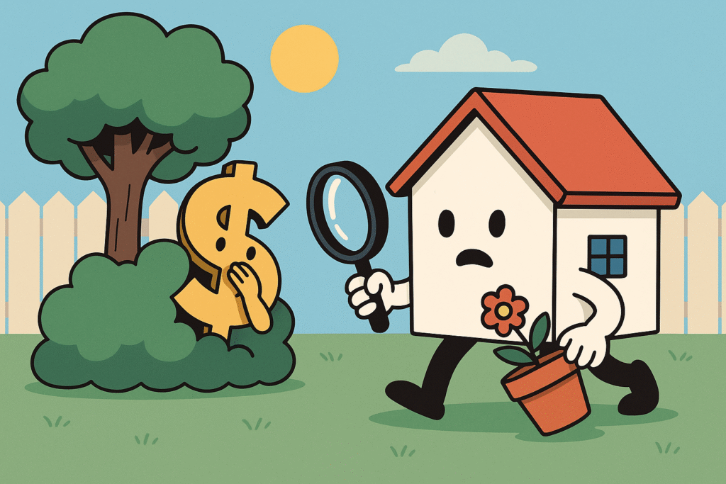 Illustration of hidden homeownership costs using a dollar symbol playing hide and seek with a house.
