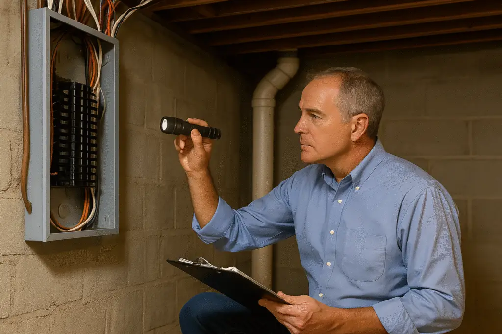 Home inspector examining electrical panel during house inspection.