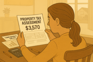 Homeowner at a desk reviewing a high property tax assessment.