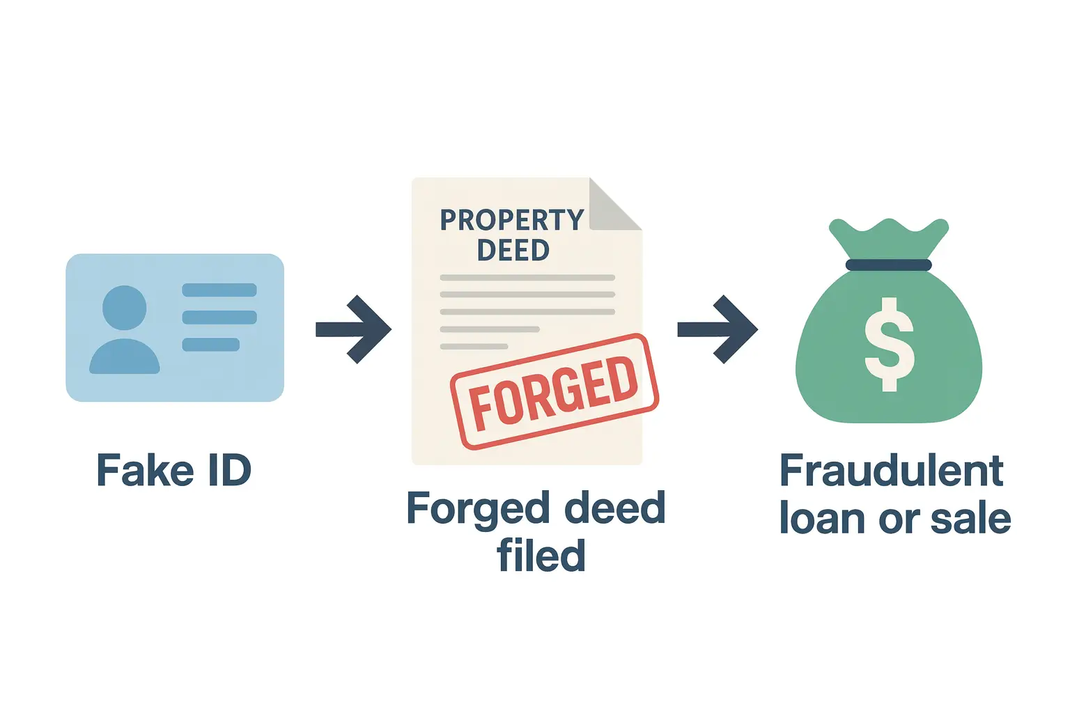 Diagram showing how title theft works: criminals use fake ID, file forged deed, then take loans or sell the property.