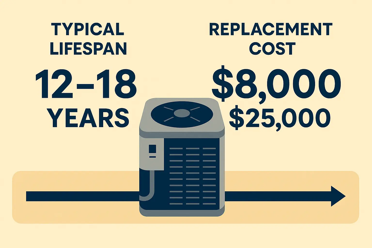 hvac_repair_lifespan Infographic of HVAC lifespan and replacement cost showing typical 12–18 years and $8,000–$25,000 to replace.