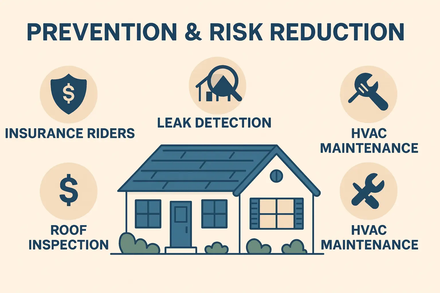 prevention_and_risk_reduction Flat-style illustration of a home with prevention icons for insurance riders, leak detection, roof inspection, and HVAC maintenance.