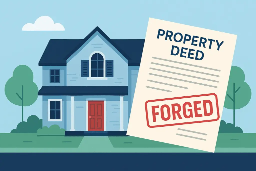 llustration of a suburban home with a forged property deed overlay, symbolizing the risk of home title fraud.