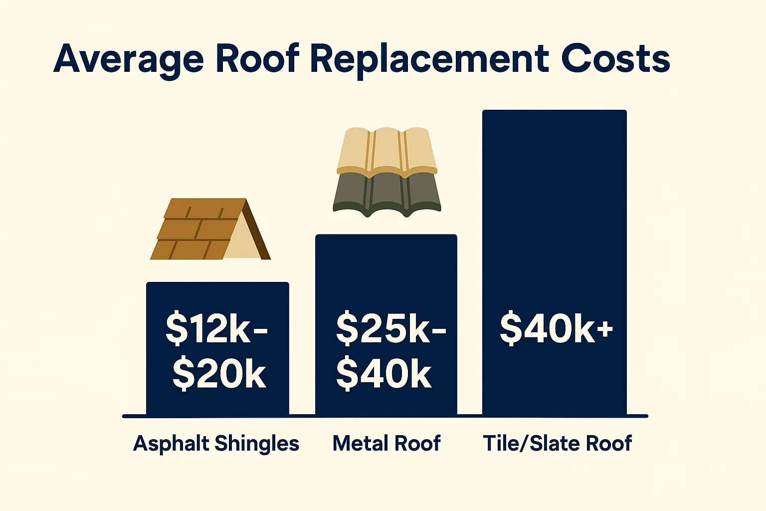 roof_replacement_costs Chart showing average roof replacement costs by material: asphalt, metal, and tile roofs.