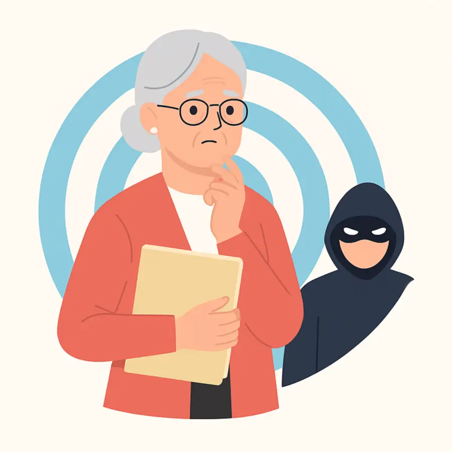 Illustration of an elderly homeowner being targeted by scammers, symbolizing why seniors are most at risk for home title fraud.