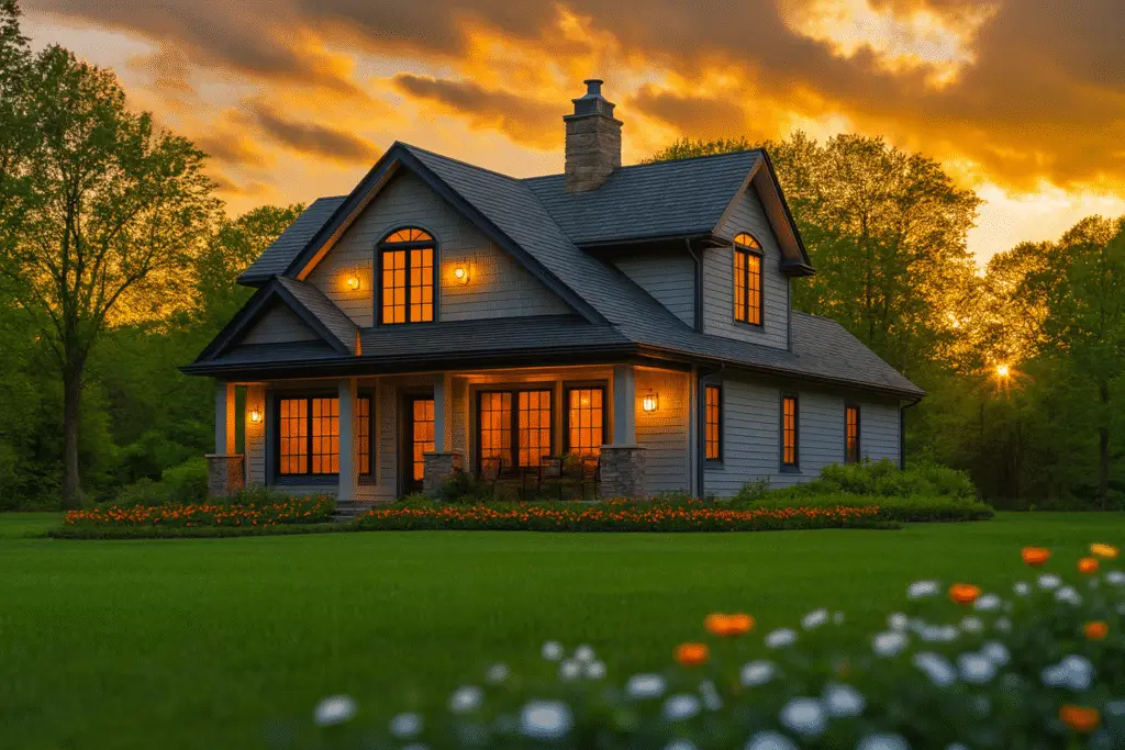 A traditional two-story American homestead at sunset, surrounded by lush trees and a manicured lawn — symbolizing primary residence and property tax savings through homestead exemption.