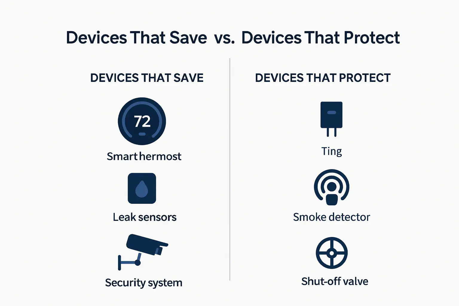 Infographic comparing smart home devices that save money versus those that protect home value.