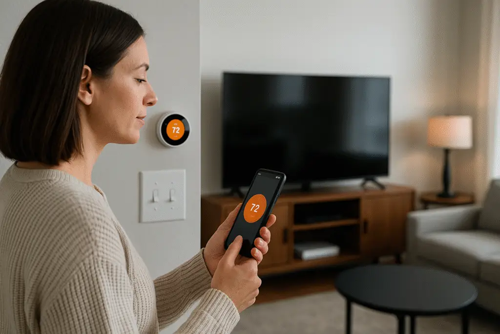 Homeowner adjusting a smart thermostat with smartphone app showing 72 degrees in modern living room.