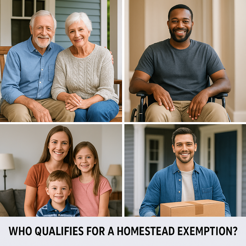 Collage of diverse homeowners including seniors, veterans, and families who may qualify for a homestead exemption.