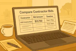 Homeowner reviewing contractor bids and project details, evaluating options to avoid scams and cost overruns.