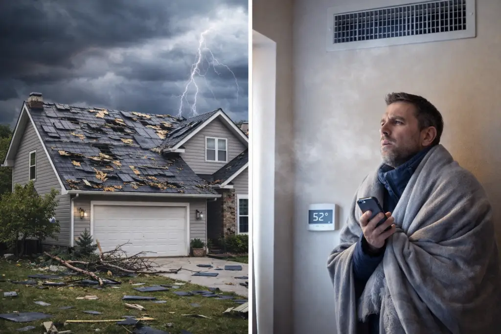Split image showing storm damage to a home roof and a homeowner inside a cold house with a broken HVAC system.