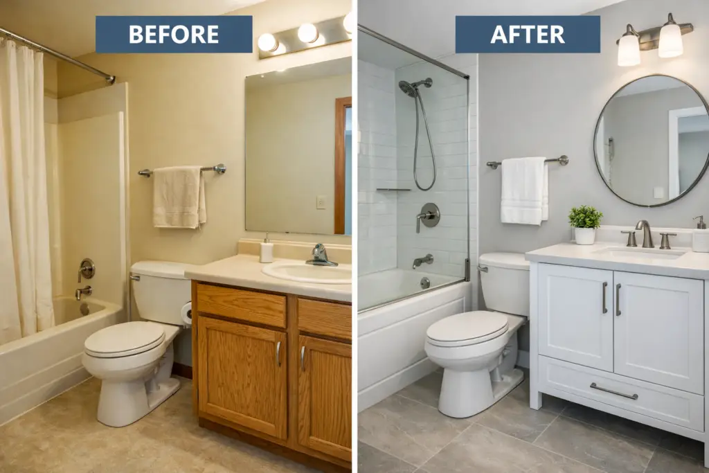 Before and after bathroom remodel showing the same layout upgraded with new vanity, tile, and lighting to reduce remodel costs without sacrificing style.