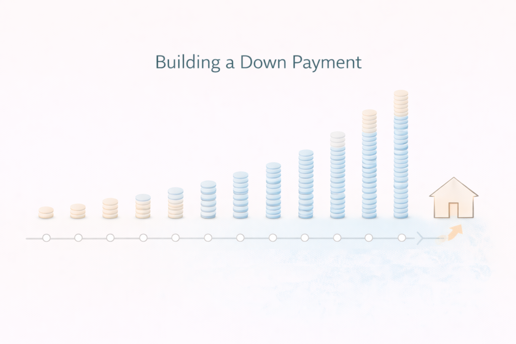 building_dp Visual savings timeline showing how small monthly deposits build a home down payment over time.