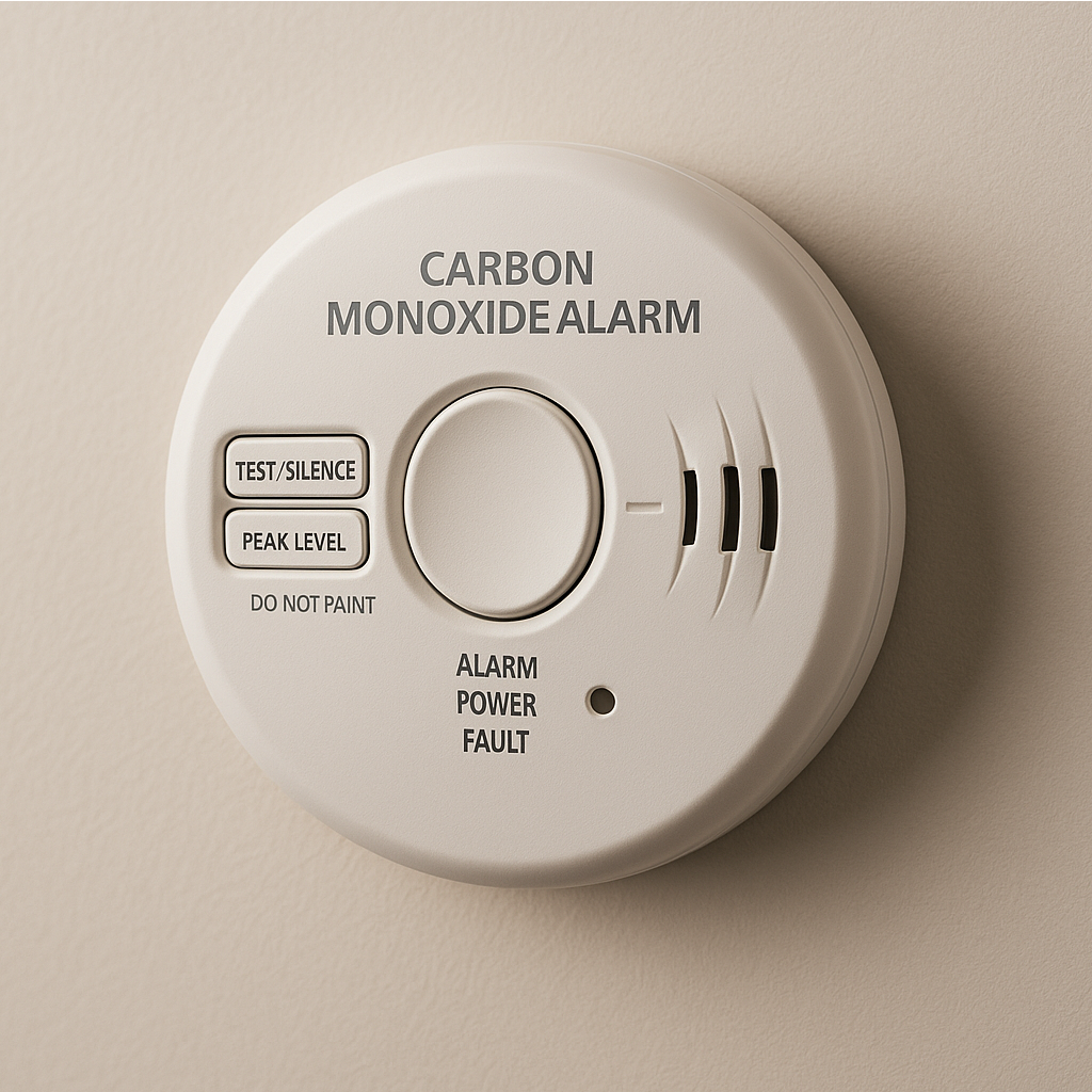Wall-mounted carbon monoxide detector with test and peak level buttons, shown on beige wall for home safety and CO alarm awareness.
