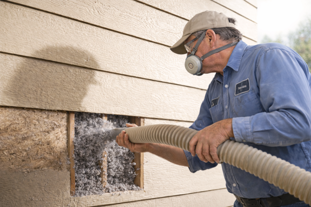 Cellulose insulation being blown into exterior walls of an older home.