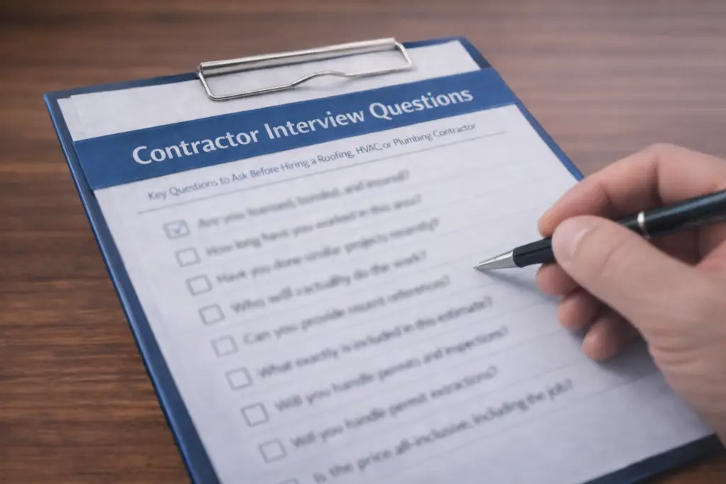 A close up of hand with a pen checking off items on a document labeled Contractor Interview Questions.