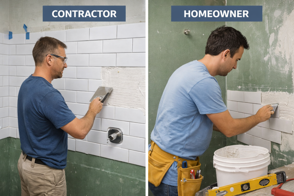 Split image showing a contractor installing bathroom tile quickly on one side and a homeowner slowly installing tile on the other, illustrating the time difference between professional and DIY work.