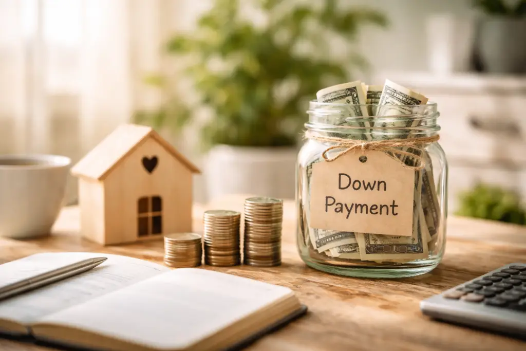 Image of a desk with a jar labeled "Down Payment" on the front of it.