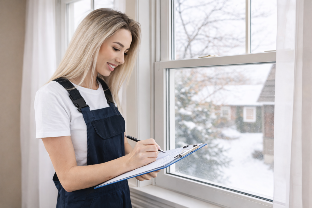 energy_audit Homeowner holding a clipboard while checking a window for drafts during a DIY home energy audit.