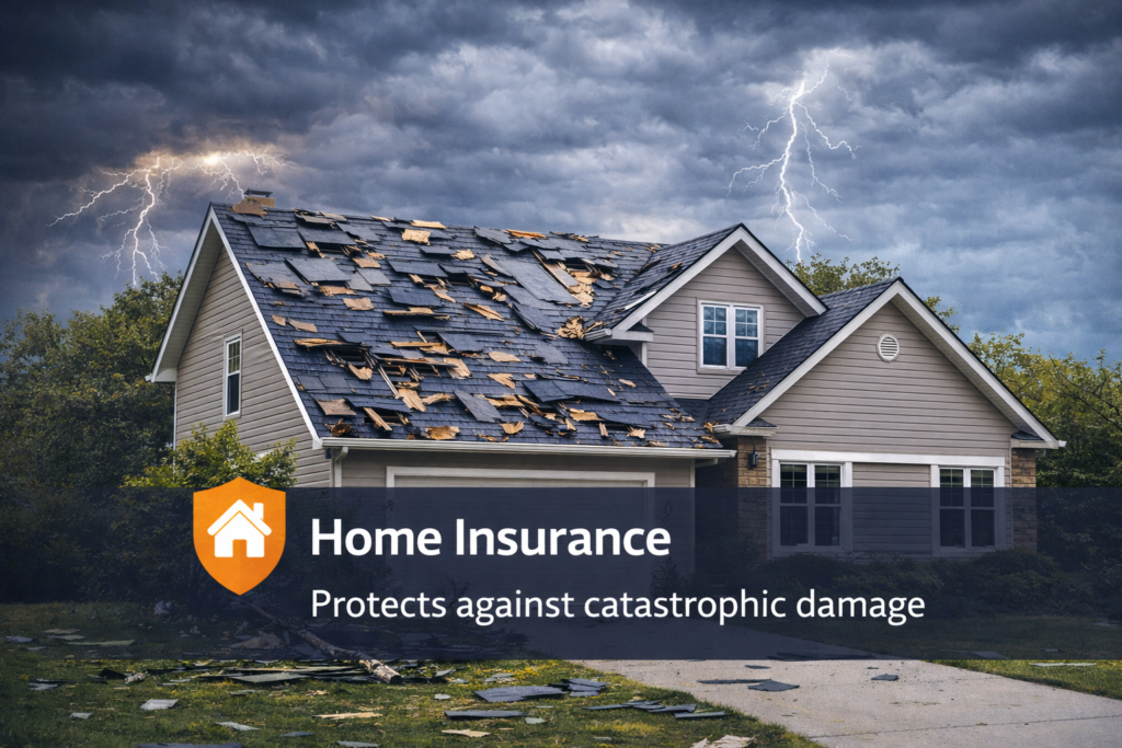 Storm damage to a home showing roof and exterior damage covered by homeowners insurance.