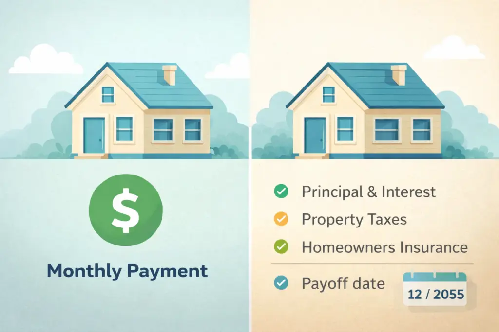 Split-screen illustration of a house comparing basic and detailed mortgage estimates—left shows a simple monthly payment, right includes principal, interest, taxes, insurance, and a payoff date calendar icon.