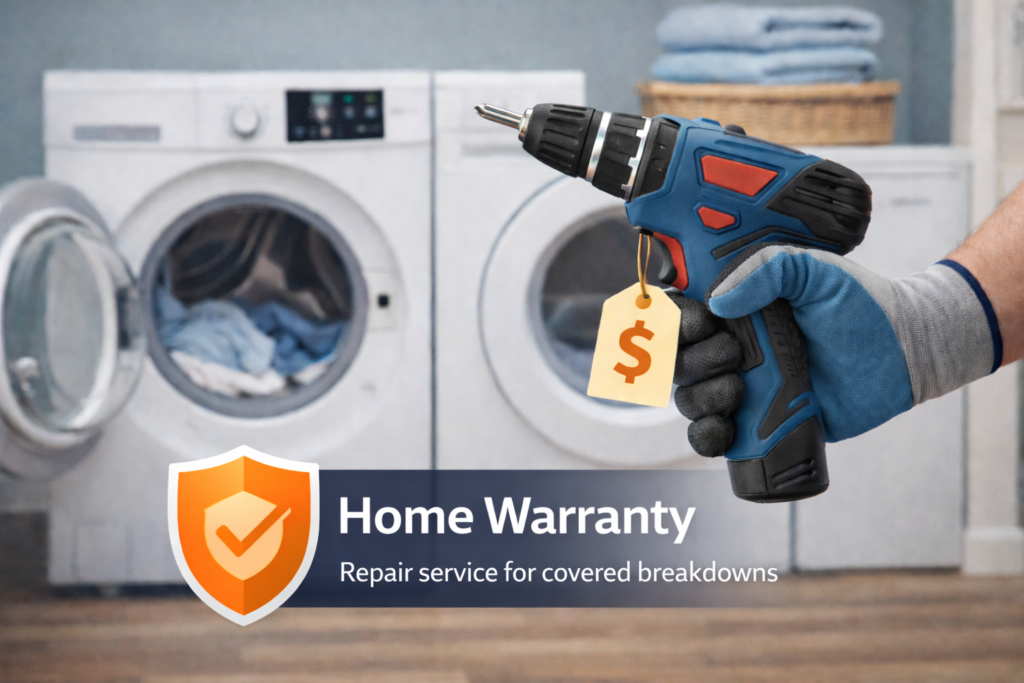Home appliance repair illustrating a home warranty covering broken systems like washers and dryers.
