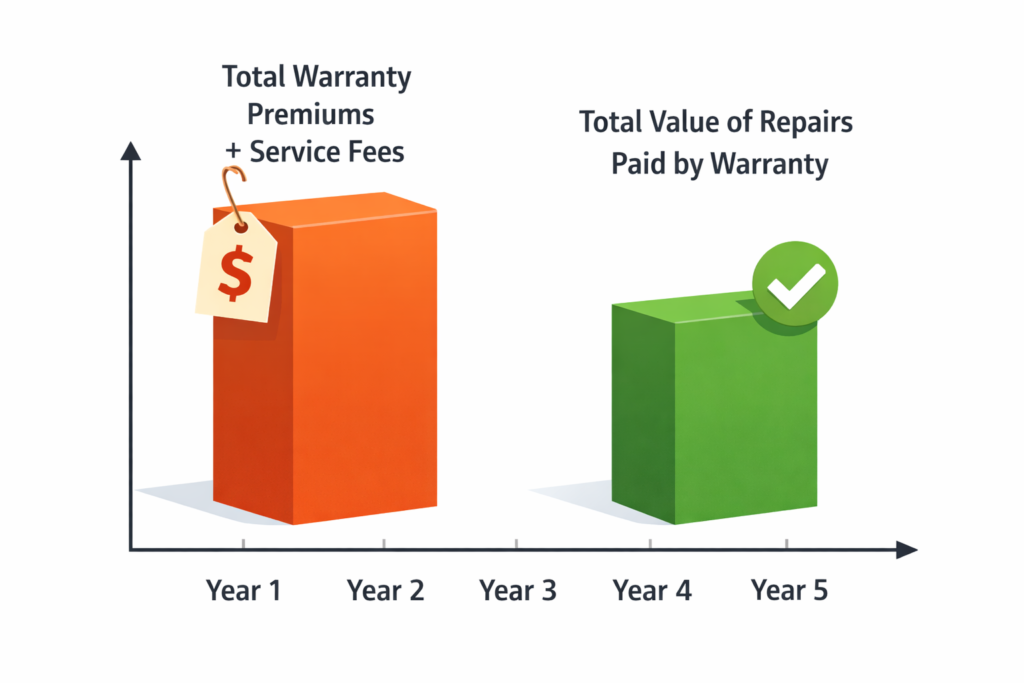 Five-year home warranty cost compared to repair benefits paid.