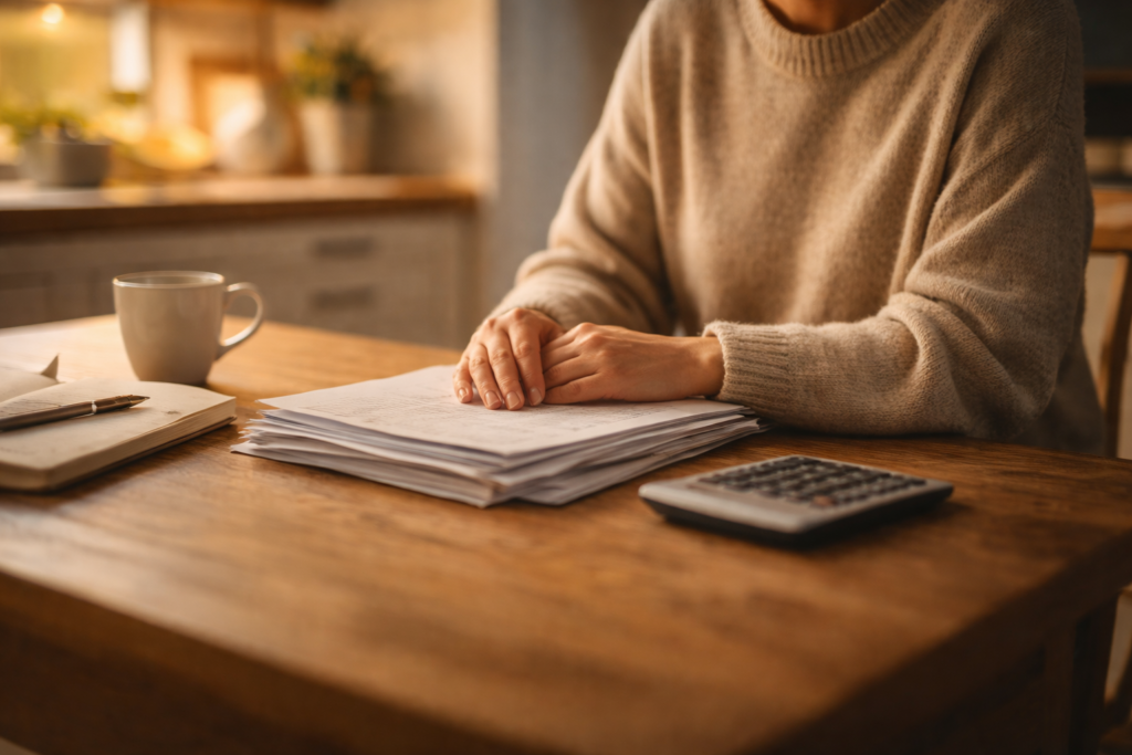 homeowner_reviewing_finances Person quietly reviewing finances at home while planning for future homeownership.