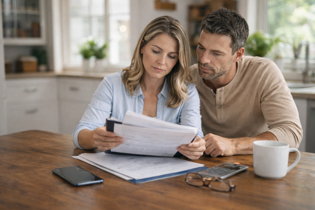 Homeowners reviewing contractor paperwork together at a kitchen table before making a hiring decision.