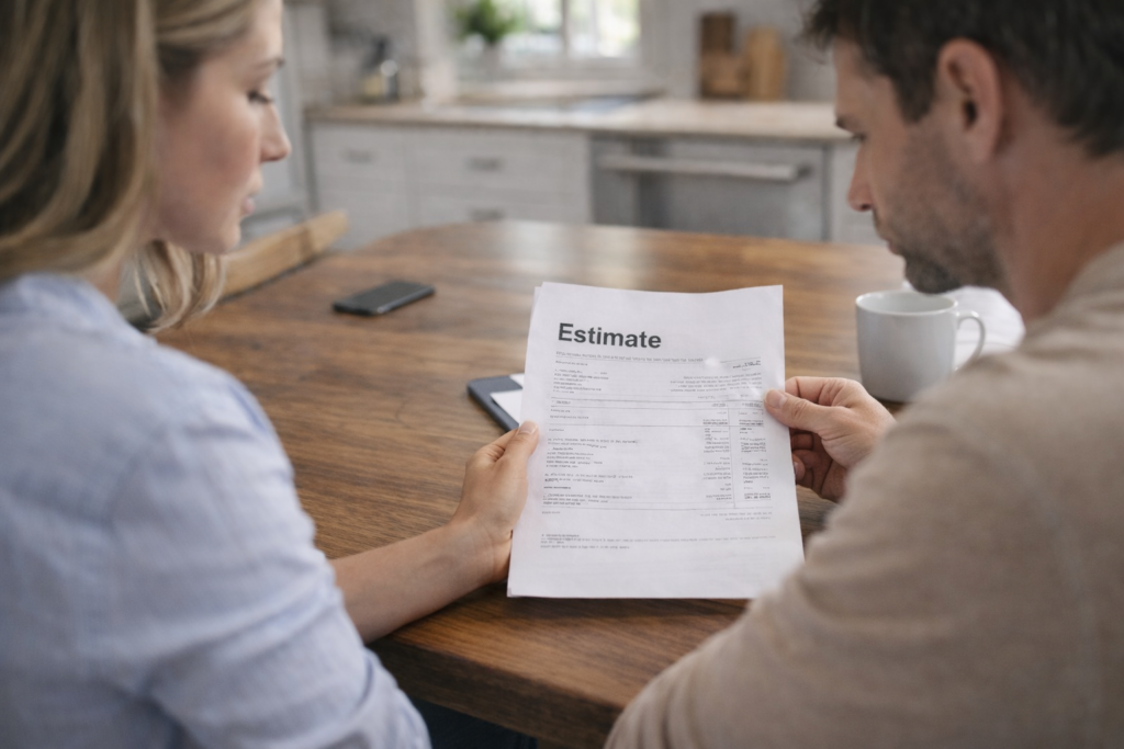 Couple reviewing a written contractor estimate at home, comparing details before approving work.