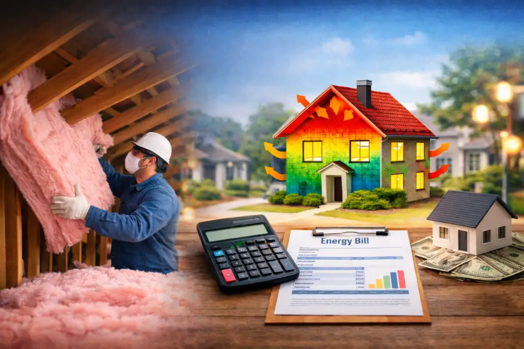 Home insulation installation showing attic insulation, energy efficiency heat map, and energy savings calculation.