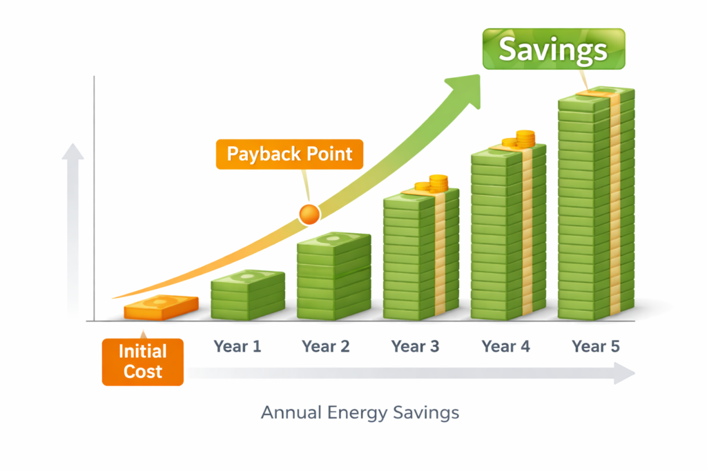 Chart illustrating insulation payback period through annual energy savings over time.