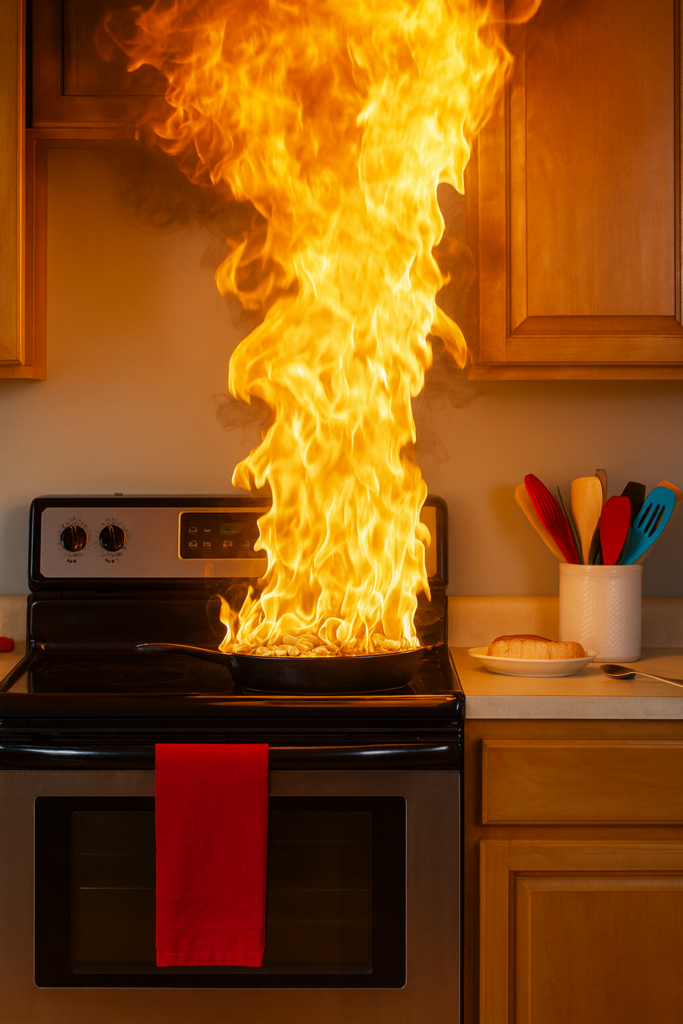 Grease fire erupting from stovetop pan in modern kitchen, with large flames reaching cabinets — example of common cooking hazard in home safety and fire prevention.