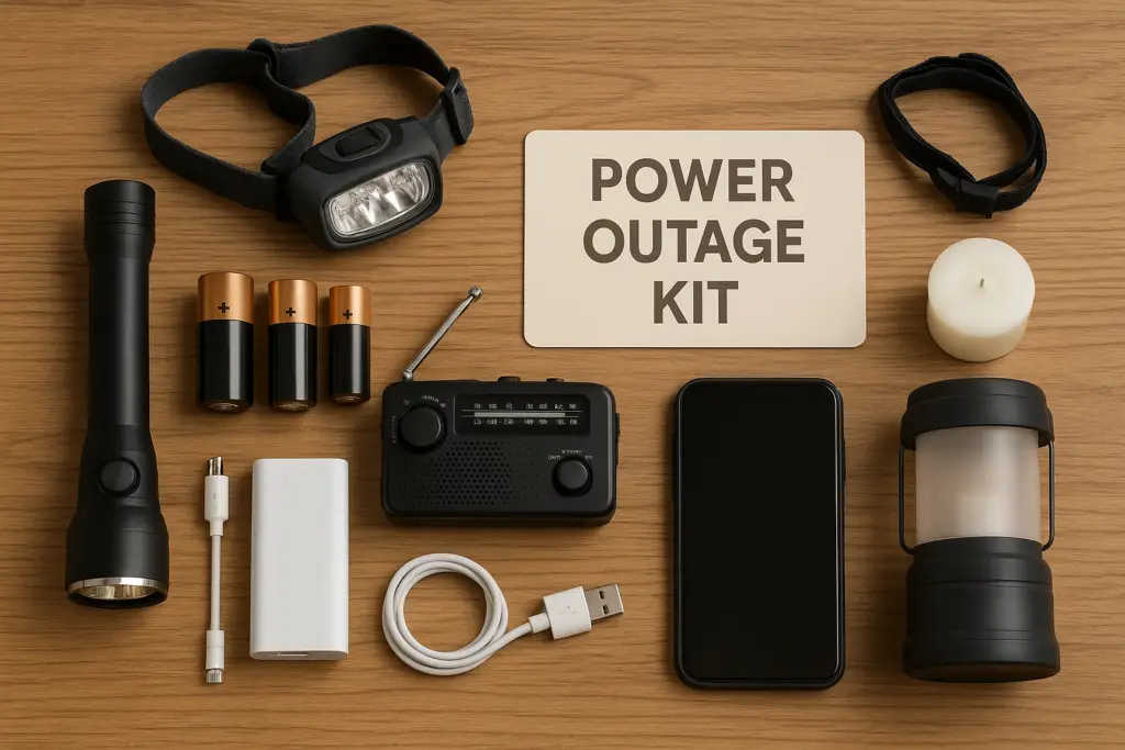 Flat-lay photo of a power outage emergency kit with flashlight, headlamp, batteries, radio, power bank, lantern, and smartphone on wooden surface.